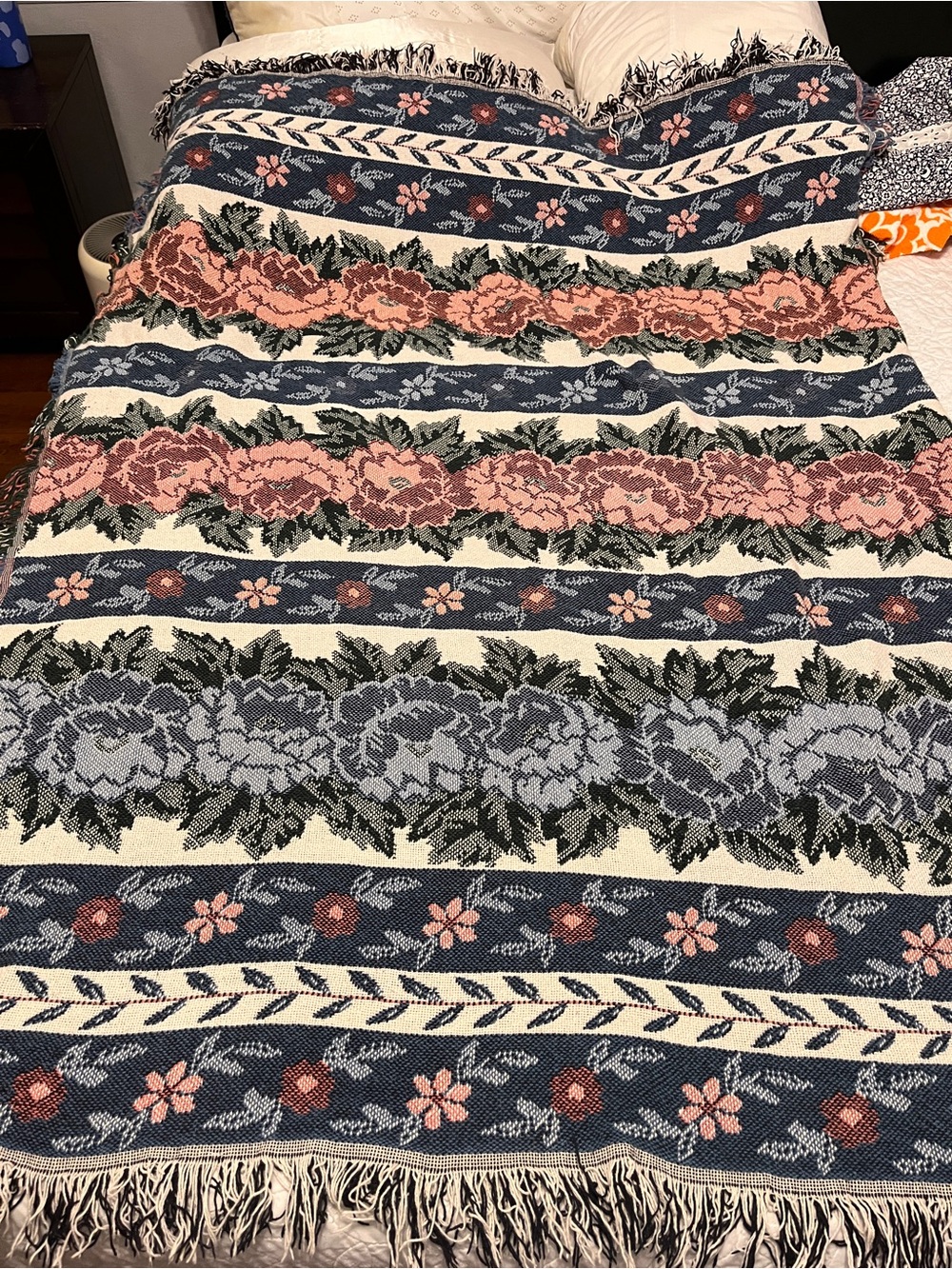 Floral Jacquard tapestry Throw Blanket Pink, Blue & Cream roses Cottagecore